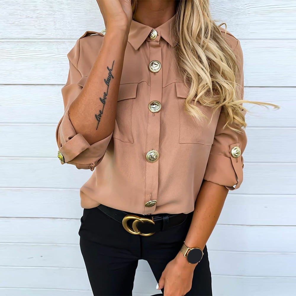 Women's Casual Button Blouse with Pockets