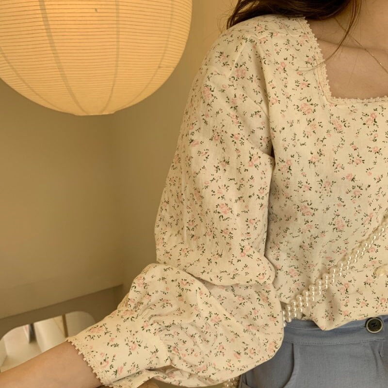Women's Floral Blouse with Square Collar