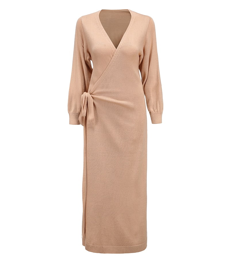 Knitted Women's Wrap Dress with V-Neck